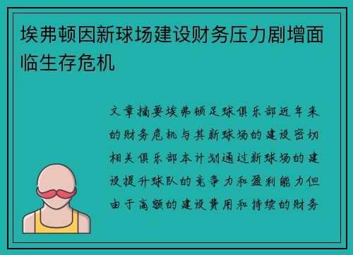 埃弗顿因新球场建设财务压力剧增面临生存危机