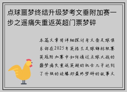 点球噩梦终结升级梦考文垂附加赛一步之遥痛失重返英超门票梦碎